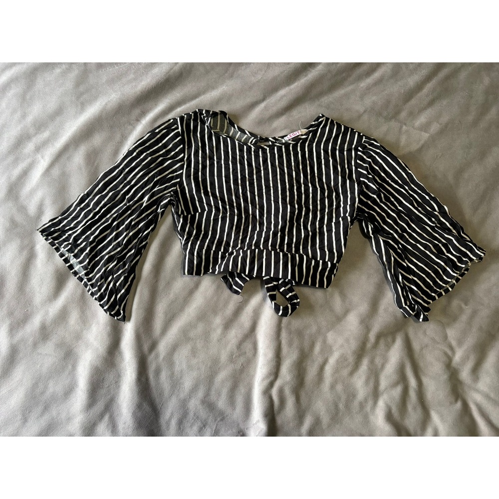Legit Black White Striped Bell Sleeve Open‎ Back Tie Waist Crop Top Small